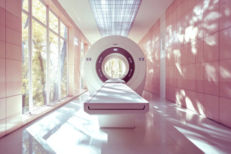 Modern mri machine in sunlit medical facility hallway.の写真素材