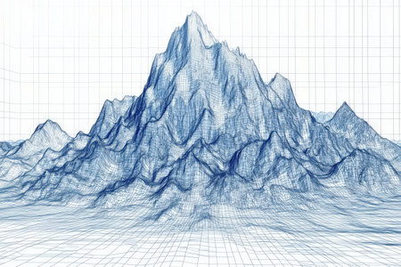 Abstract blue wireframe mountain landscape on grid background.の写真素材