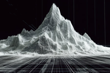 Intricate 3d wireframe mountain with grid on black background.の写真素材