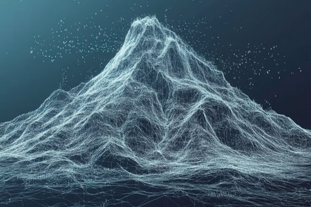 Abstract digital wireframe mountain with particle overlay on dark background.