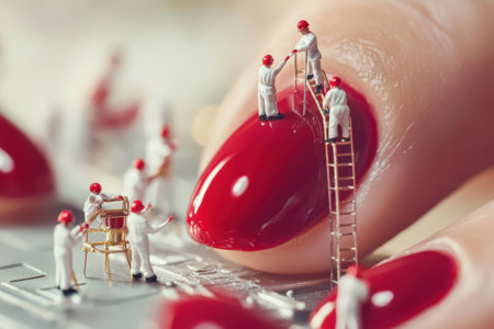 Miniature workers painting red fingernails.の写真素材