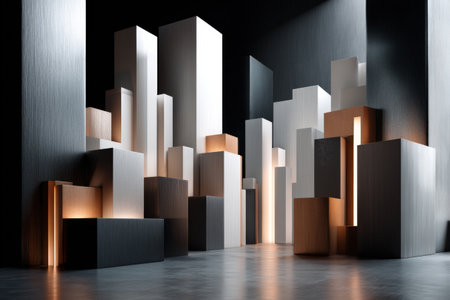 Abstract geometric cityscape with illuminated metallic cubes and shadows.の写真素材