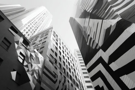 Monochrome geometric architecture of skyscrapers in urban cityscape.の写真素材