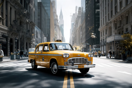 Classic yellow taxi navigating busy new york city street with iconic skyscrapers.の写真素材