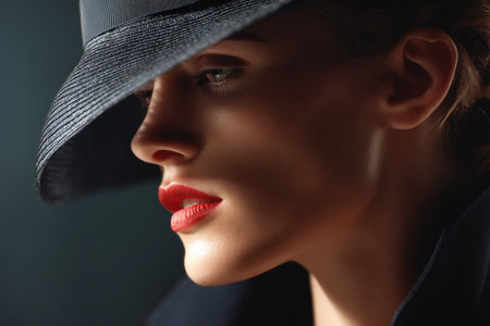 Elegant female portrait with shadowed face and red lips.の写真素材