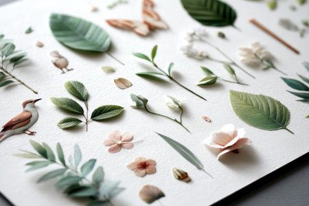 Assorted botanical and nature elements on textured paper.の写真素材