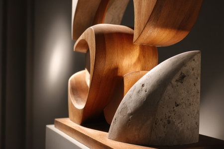 Abstract geometric wooden and stone sculpture in gallery setting.の写真素材