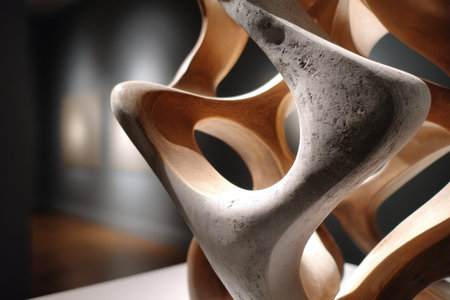 Abstract wooden and stone sculpture in art gallery with soft lighting.の写真素材
