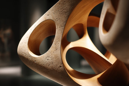 Abstract geometric sculpture with intricate wooden and concrete elements.の写真素材