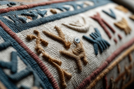 Intricate textured fabric with colorful embroidered patterns and artistic details.の写真素材