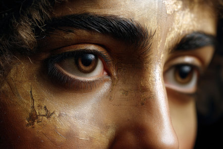 Close-up of painted young female eyes with artistic gold patterns.の写真素材