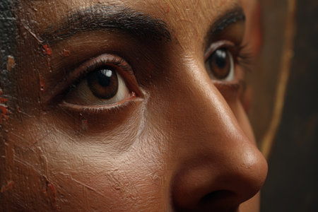 Close-up of a painted statue with realistic facial features and expressive brown eyes.の写真素材