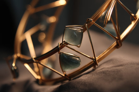 Abstract geometric gold wire jewelry with blue gemstones on fabric surface.の写真素材