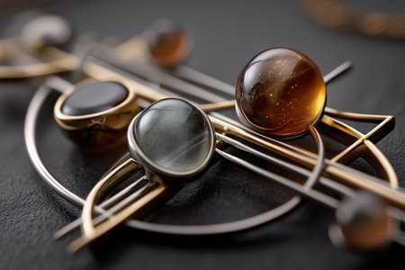 Elegant abstract jewelry with amber and metal on black background.の写真素材