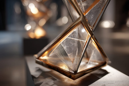 Geometric glass sculpture with light reflections in art gallery exhibition.