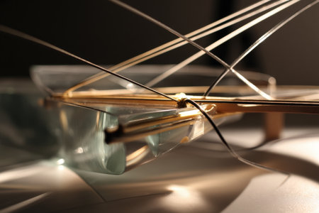 Intricate abstract art sculpture with glass and wire elements in soft lighting.の写真素材