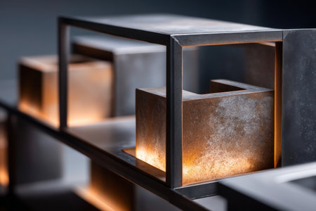 Modern geometric metal art installation with ambient lighting.の写真素材