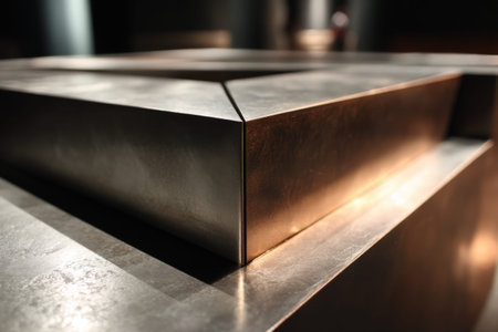Abstract metallic sculpture with geometric design and warm lighting.