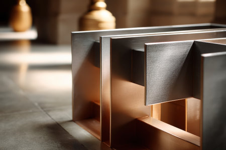 Abstract geometric metal sculpture with light and shadow in contemporary art space.の写真素材