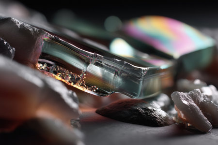 Close-up of crystals and iridescent glass on dark surface.の写真素材