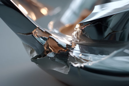 Cracked metallic surface with abstract reflections and light.