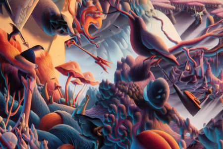 Surreal landscape with vibrant colors and abstract shapes.の写真素材