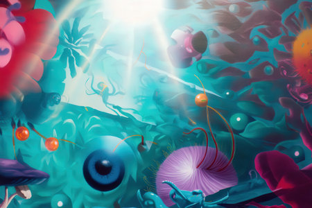 Vibrant underwater fantasy scene with abstract marine life and bright colors.の写真素材