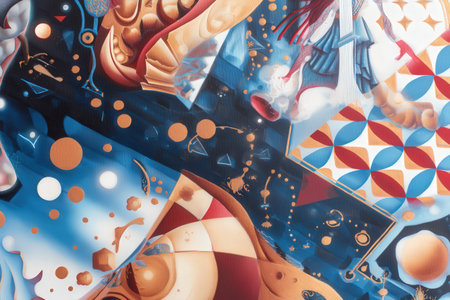 Abstract cosmic art with geometric patterns and vibrant colors.の写真素材