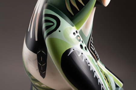 Abstract ceramic sculpture with green and black patterned design.の写真素材