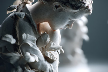 Intricate marble sculpture of contemplative figure with leaf detailing.の写真素材