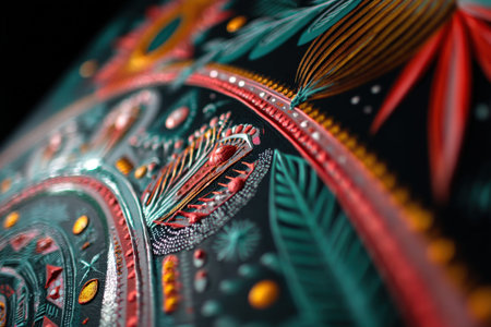 Colorful abstract pattern with floral and geometric elements.