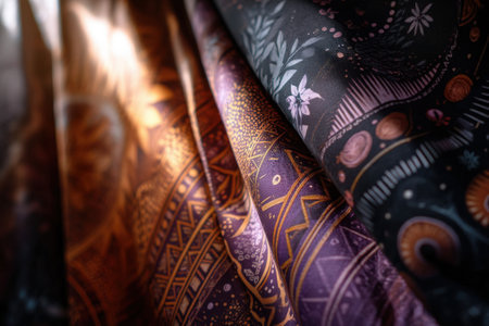 Colorful textured fabrics with ornate patterns in sunlight.の写真素材
