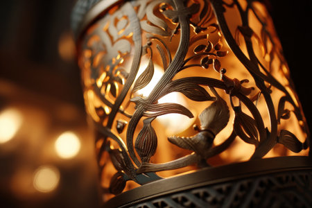 Ornate brass lantern with intricate floral patterns and warm glow.の写真素材