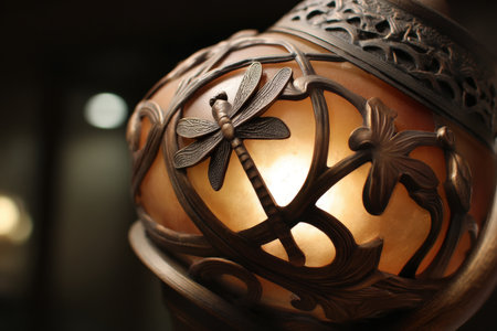 Intricate bronze lantern with dragonfly and floral design.の写真素材