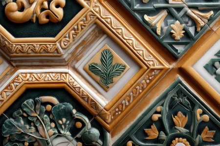Intricate geometric ceramic tile design with floral motifs and leaf patterns.の写真素材