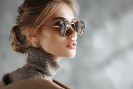 Stylish young caucasian female in sunglasses and turtleneck.の写真素材