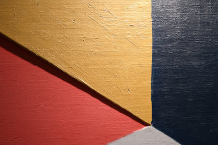 Abstract geometric color block featuring red, yellow, blue, and gray shapes.の写真素材