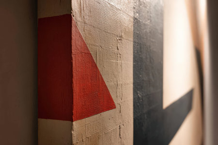 Abstract geometric art with triangles and textures in red and black.