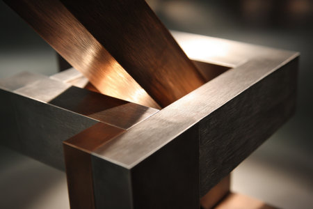 Abstract geometric metal sculpture with copper and steel elements.の写真素材