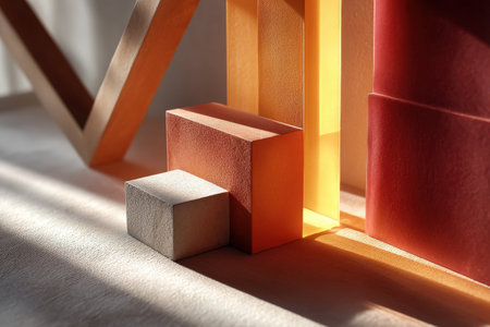Geometric abstract composition with sunlit blocks in warm tones.の写真素材