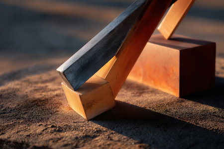 Abstract metal and wooden sculpture in sunlight on a concrete surface.の写真素材