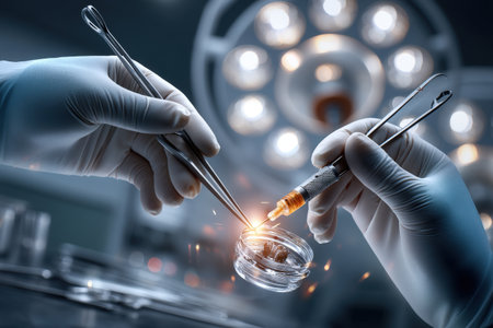 Surgical precision: surgeons using advanced tools in a bright operating room.の写真素材