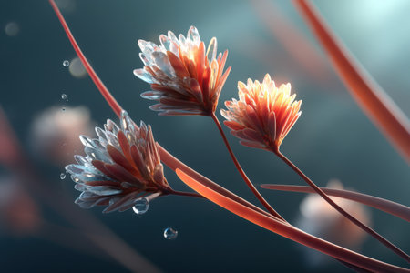 Abstract blossoms with crystal petals and droplets in ethereal light.の写真素材