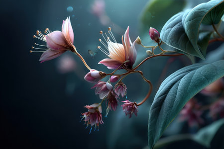 Delicate pink flowers with deep green leaves in ethereal atmosphere.の写真素材