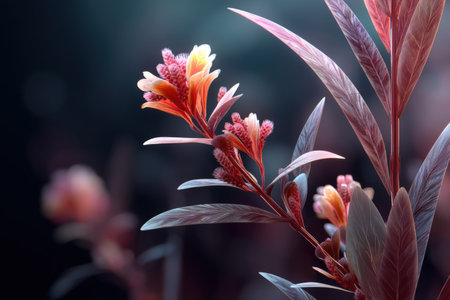 Close-up of vibrant exotic red and yellow flowers with dark background.の写真素材
