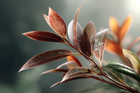 Close-up of vibrant red leaves in sunlight with detailed veins.の写真素材