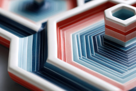 Geometric ceramic design with hexagonal patterns in red and blue tones.の写真素材