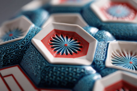 Intricate geometric ceramic design with blue red hexagonal patterns.の写真素材