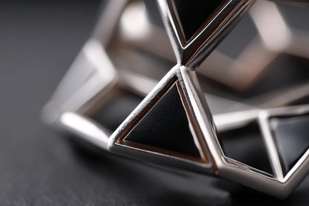Geometric silver and black metal sculpture with triangular design.
