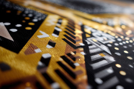 Abstract geometric pattern with golden accents and textured details.の写真素材
